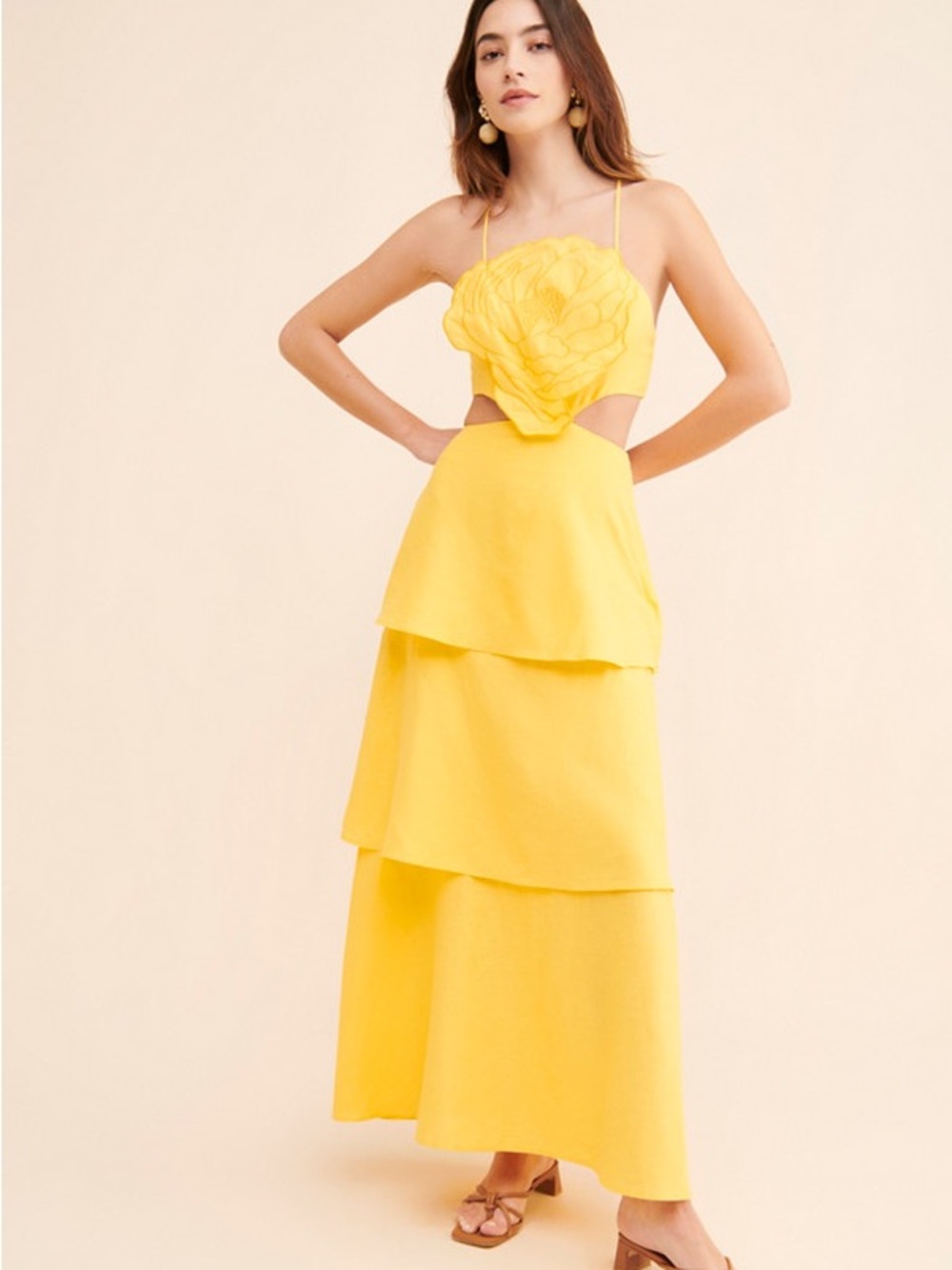 FARM Rio Sunflower Yellow Tiered Maxi Dress with Floral Bodice
